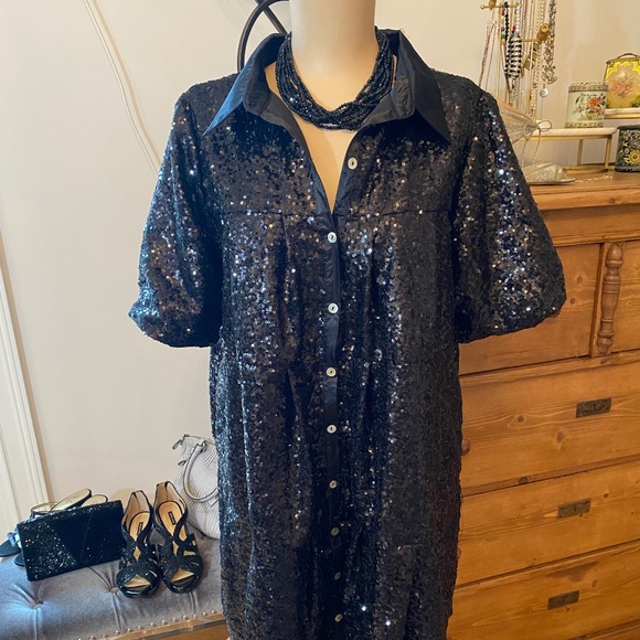 Black Sequin Mini Dress with Bubble Sleeves - Size Large - Picture 1 of 12